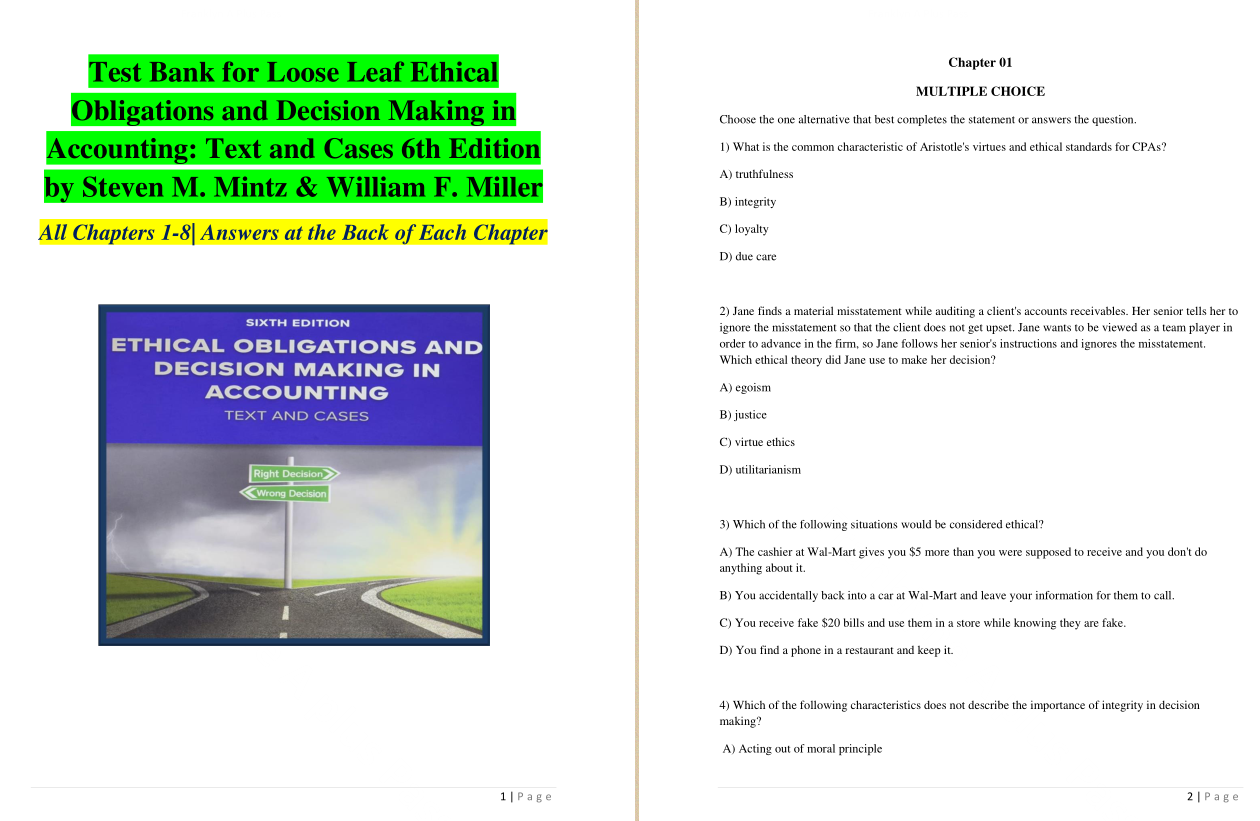 test bank for Ethical Obligations and Decision-Making in Accounting Text and Cases 6th Edition By Steven Mintz